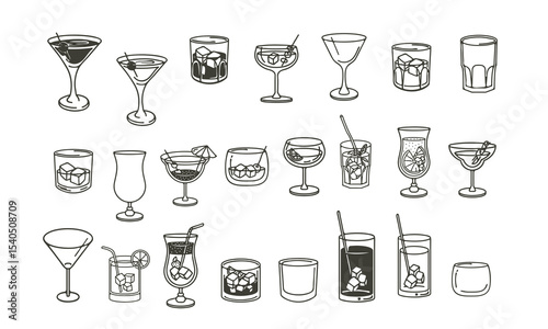 Hand Drawn Cocktail Glass Vector Set – Doodle Drink, Bar, and Beverage Clipart Collection