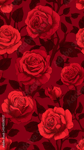 Red roses seamless pattern blooming on dark red background