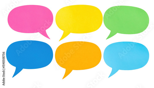 Six colorful speech bubbles in pink, yellow, green, blue, orange, and light blue arranged in two rows.