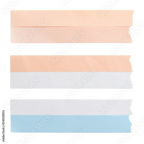 Three torn strips of paper in peach, peach and white, and white and light blue colors arranged vertically.
