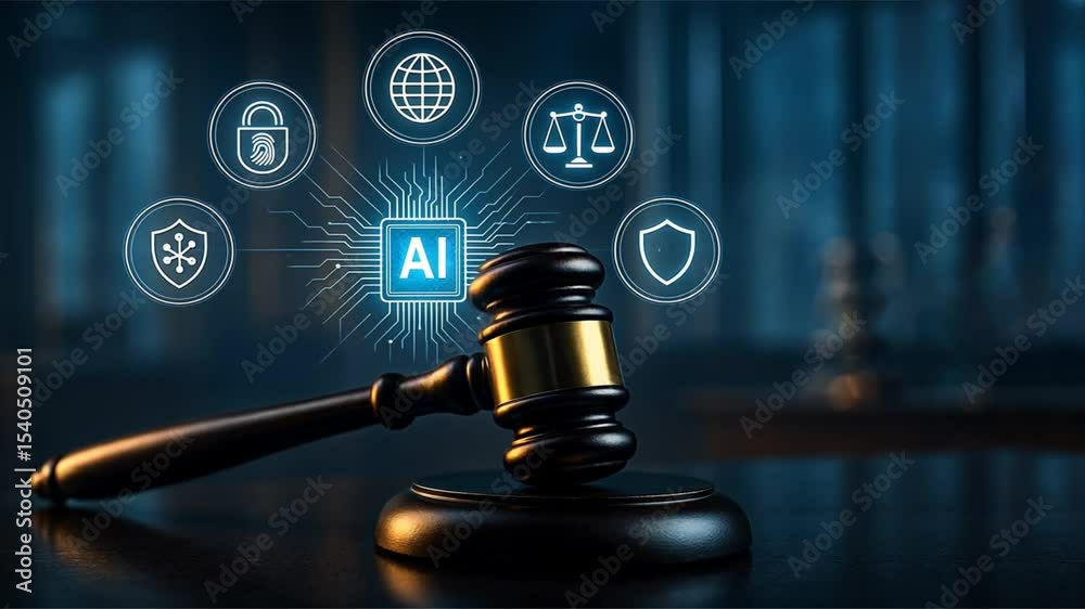 Gavel on table with floating ai governance icons, showing justice and digital control, concept of ai ethics, governance, legal decisions in tech