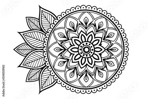 Detailed black and white mandala design with decorative leaf accents
