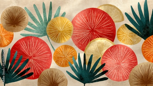 Colorful abstract pattern featuring tropical fruits and leaves on a textured background