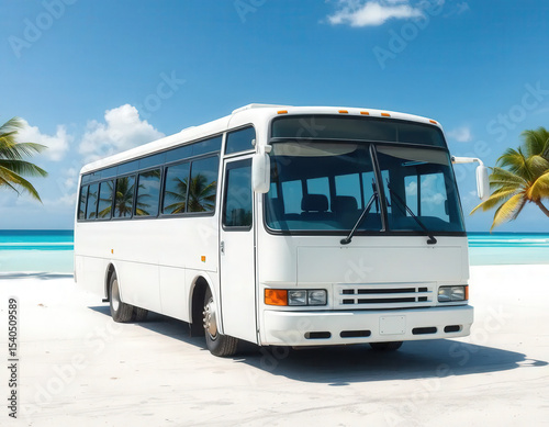 Mockup of a 1990s-style bus by a tropical beach. Great for retro summer visuals, travel promotions, and coastal branding projects.