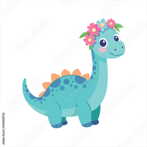 Cute Baby Blue Diplodocus Dinosaur with Flower Crown Vector