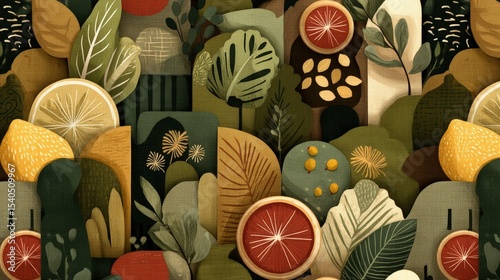 Colorful abstract pattern featuring various fruits and leaves in a harmonious arrangement
