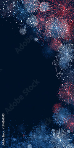 Patriotic Red, White, and Blue Fireworks Border on Dark Night Sky, Ideal for Vertical Fourth of July or Celebration Designs.