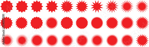 Set of red starburst. Price sticker, sale sticker, price tag, starburst, quality mark, retro stars, sale.and badges. Red starburst, sunburst, stamp, seal, label or burst, badge, sticker.Star burst sha