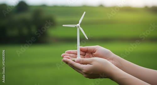 Fototapeta Naklejka Na Ścianę i Meble -  A close-up of hands holding a small wind turbine model over a lush green landscape soft natural light