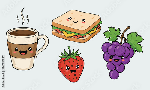 Kawaii Food Illustration: Coffee, Sandwich, Strawberry, Grapes