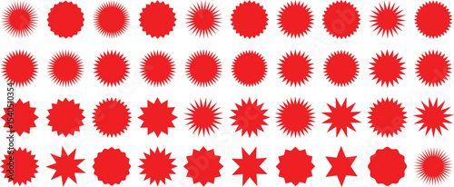 Set of red starburst. Price sticker, sale sticker, price tag, starburst, quality mark, retro stars, sale.and badges. Red starburst, sunburst, stamp, seal, label or burst, badge, sticker.Star burst sha