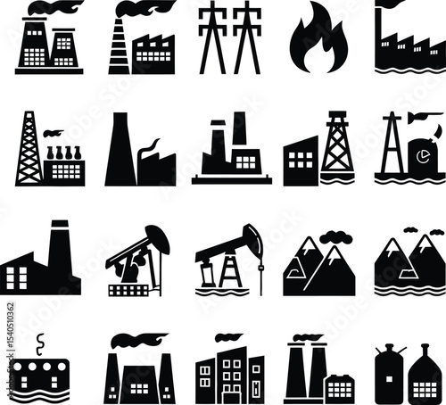 Industrial Factory Icons Set – Energy, Power Plant Silhouettes Vector illustration