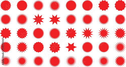 Set of red starburst. Price sticker, sale sticker, price tag, starburst, quality mark, retro stars, sale.and badges. Red starburst, sunburst, stamp, seal, label or burst, badge, sticker.Star burst sha