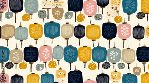 Colorful abstract pattern featuring various shapes and designs on a light background