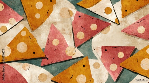 Colorful abstract pattern featuring various pizza slice shapes on a textured background