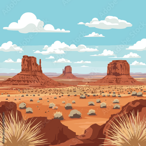 Vector illustration of Monument Valley desert landscape with red rock formations, shrubs and blue sky in a stylized, flat style