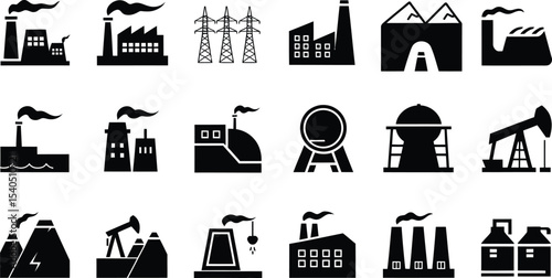Industrial Factory Icons Set – Energy, Power Plant Silhouettes Vector illustration