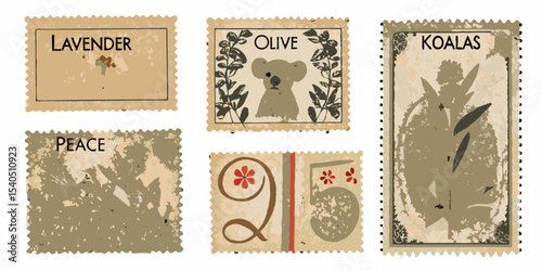Collection of Vintage Style Stamps Featuring Lavender Olive Koalas Peace and the Number 25 all in Muted Earth Tones set