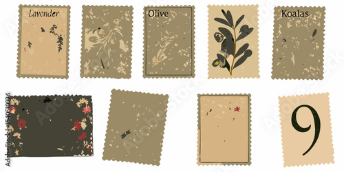 Collection of Vintage Style Postage Stamps Featuring Lavender Olive Branches Koalas Flowers and the Number Nine on a White Background