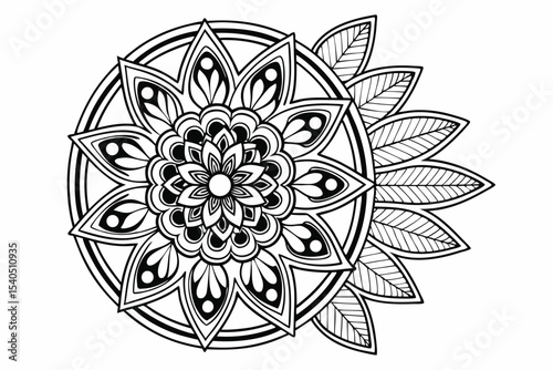 Elegant black and white mandala design featuring floral and leaf elements