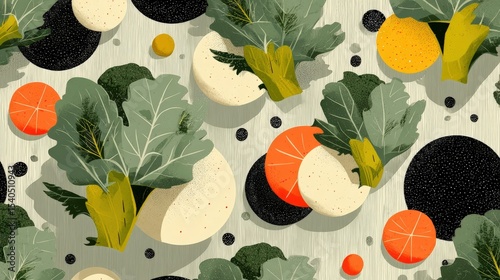 Colorful abstract pattern featuring vegetables and fruits on a textured background