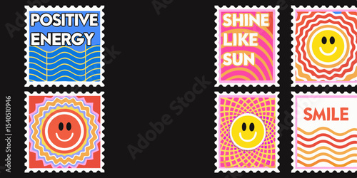 Collection of Six Colorful Postage Stamps Featuring Positive Messages and Smiling Faces on a Black Background for a Retro Aesthetic