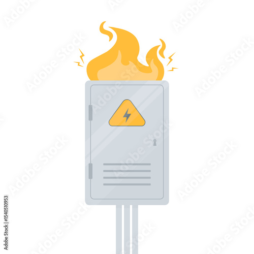Broken electrical panel with fire and sparks. Safety concept