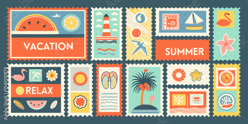 Collection of Summer Vacation Themed Postage Stamps Featuring Watermelon Lighthouse Palm Tree Flip Flops Sailboat Flamingo and Other Tropical Elements