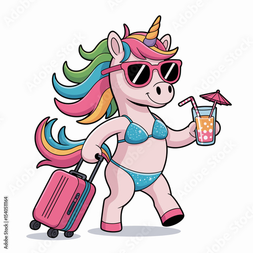 A  unicorn wearing sunglasses and a bikini strolls confidently with a pink suitcase in one hand and a tropical drink in the other.