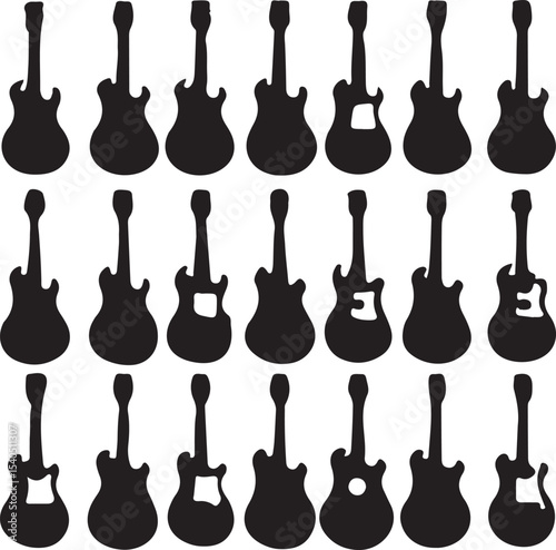 Silhouetted collection of electric guitars in various styles and design variations