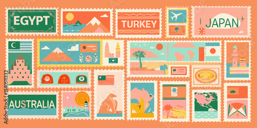 Collection of Illustrated Postage Stamps Featuring Landmarks and Symbols from Various Countries Creating a Colorful and Whimsical Representation of Global Travel