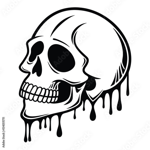 Bold skull shows dripping black ink in profile and transparency