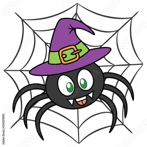Black spider with green eyes happily wears a purple witch hat over web