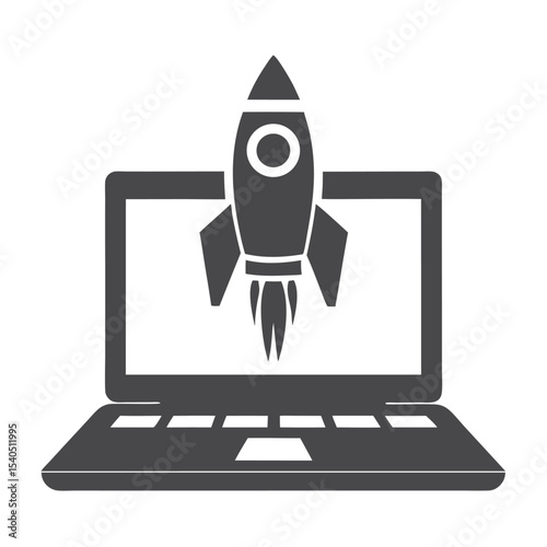 Gray Laptop Screen Rocket Ship Launching Startup Icon 1