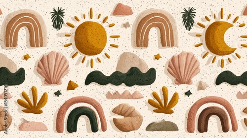 Colorful abstract patterns featuring sun, rainbows, shells, and plants on a textured background