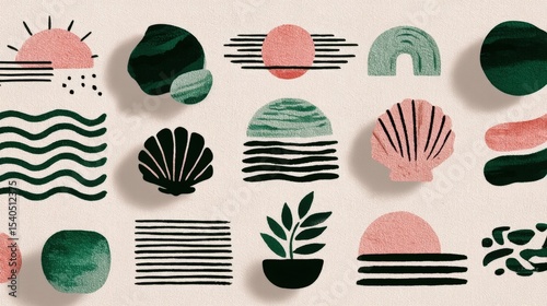 Colorful abstract shapes and patterns depicting nature elements on a soft background