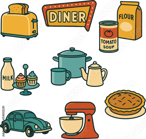 Vintage Kitchen and Food Items Vector Set – Retro Culinary Icons, Enamelware, Toasters & Diner Signs