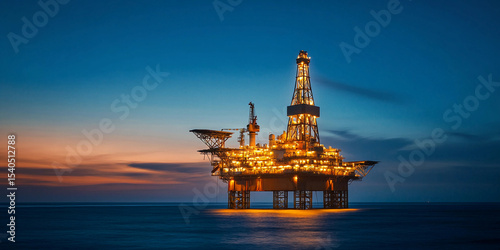 Illuminated offshore platform stands out against twilight sky Generative AI