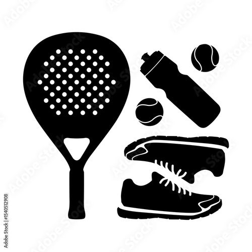 Padel ball sports racket with ball set icon on white background.