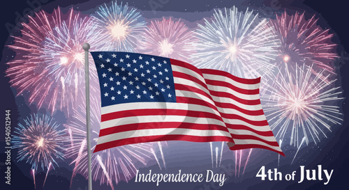 Patriotic Fireworks and American Flag 4th of July Celebration Illustration