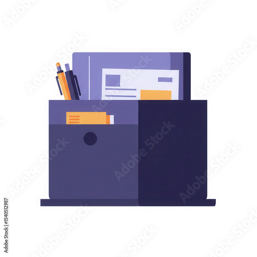 Desk file organizer with documents and pens for office work. Concept of paperwork, organization, and business management on transparent background.