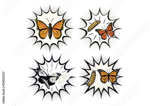 Burst shape with half caterpillar, half butterfly inside, comic book style, energetic design
