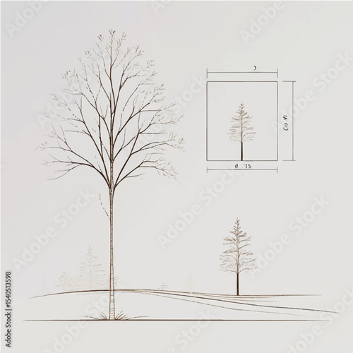 Vector illustration of a bare tree in a cold winter landscape with frost and snow