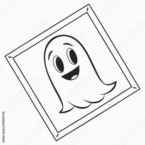 Cartoon ghost smiles inside a frame, it is on transparent background