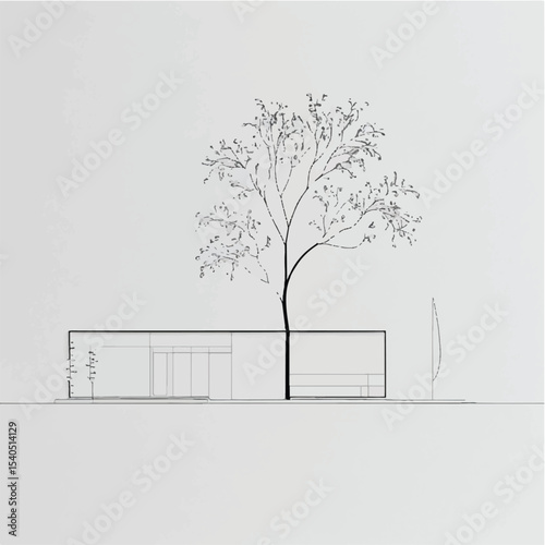 Architectural drawing of a house with a vector tree design, ideal for home building and interior project illustrations