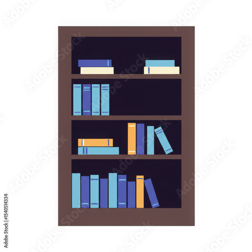 Illustration of a wooden bookshelf with various books on shelves. Learning and education concept. Library background on transparent background.
