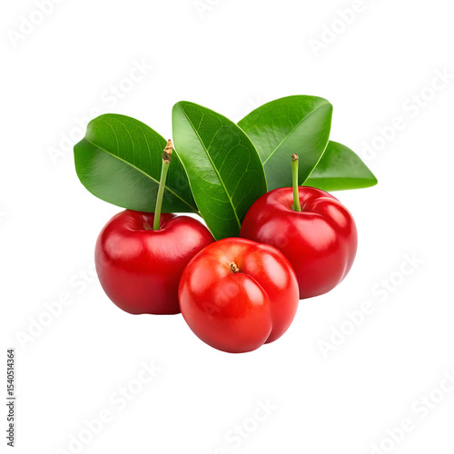 Ruby Red Acerola Cherries: A vibrant display of three fresh acerola cherries, adorned with lush green leaves, presented against a bright background. An appetizing and healthy fruit scene.