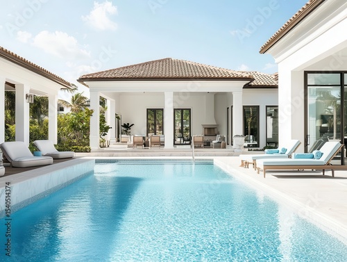 Highclass pool with marble surroundings, plush lounge chairs, and private cabanas, marble chic pool, elegant, upscale