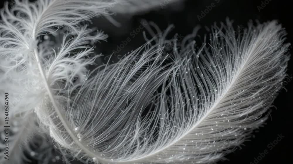 Macro Shot of White Feather with Water Droplets Against Black Background Macro Shot of White Feather with Water Droplets Against Black Background