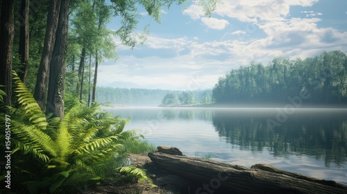 Serene Lakeside Forest: A Misty Morning in Nature's Embrace